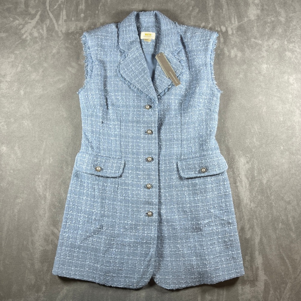 NWT Maeve Anthropologie Blue Tweed Longline Vest Pearl Button Frayed Trim 6P